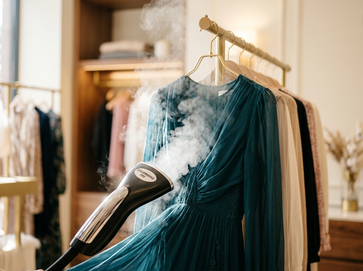 Garment steamer on delicate designer dress