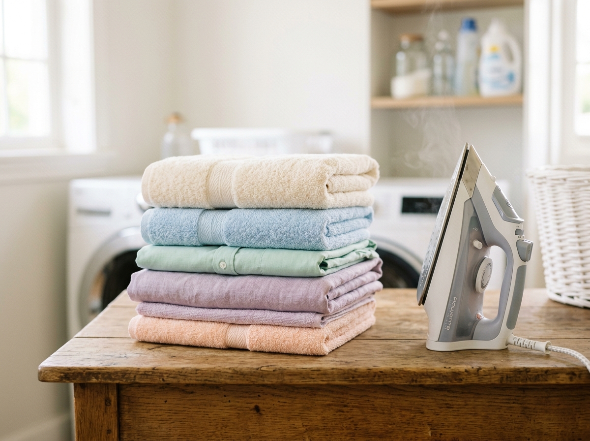 Neatly folded towels and linen with steam iron