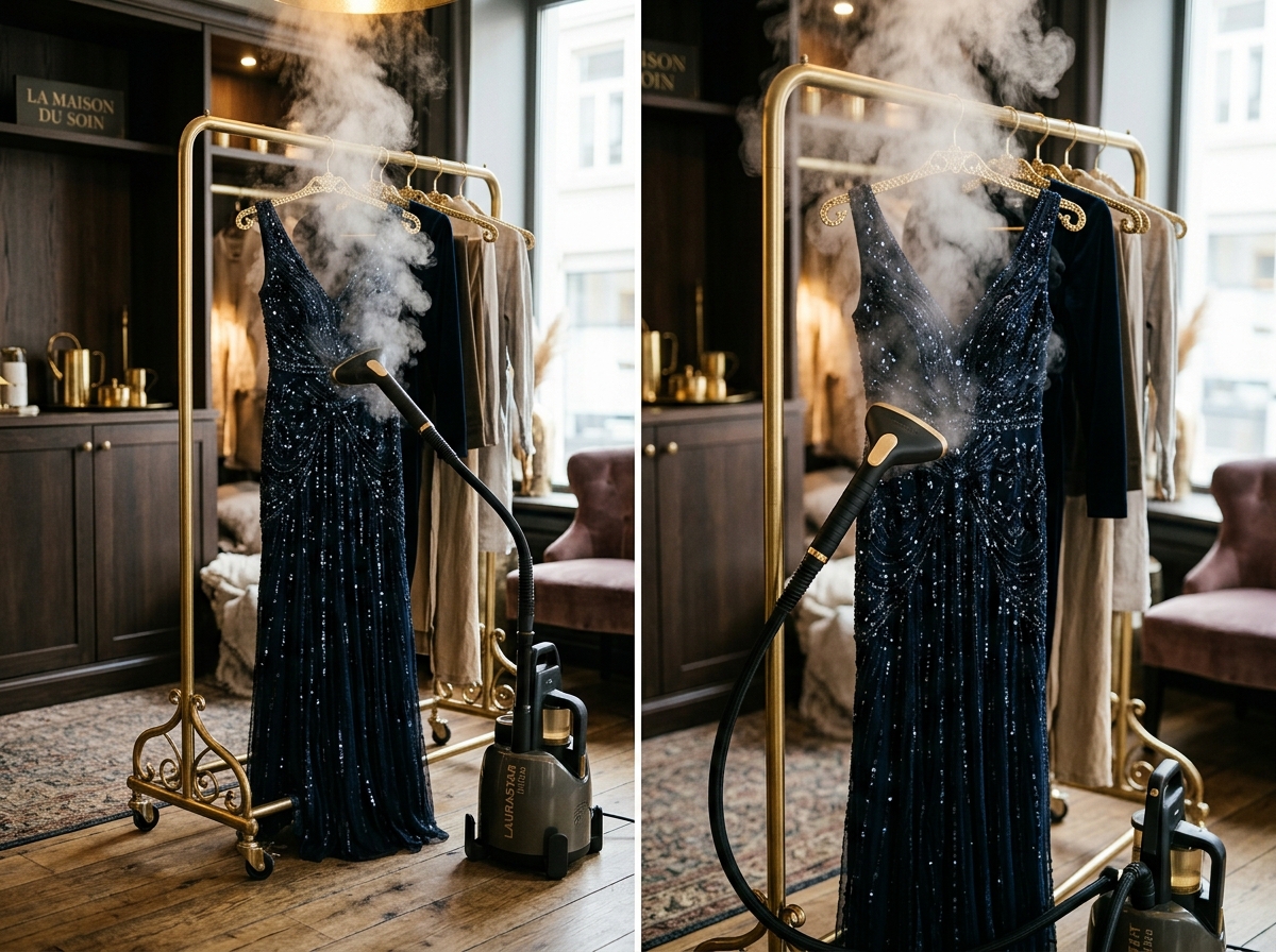 Professional garment steaming on evening gown